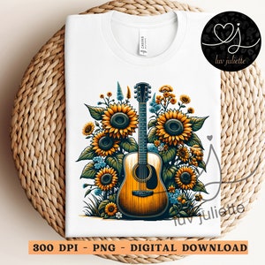 Guitar Sunflowers PNG: Western Country Music Design (Digital Download)