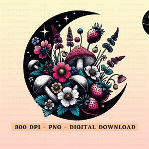 May include: A crescent moon with a black background is filled with a colorful arrangement of flowers, mushrooms, and strawberries. The design is in a vintage style with detailed line work.