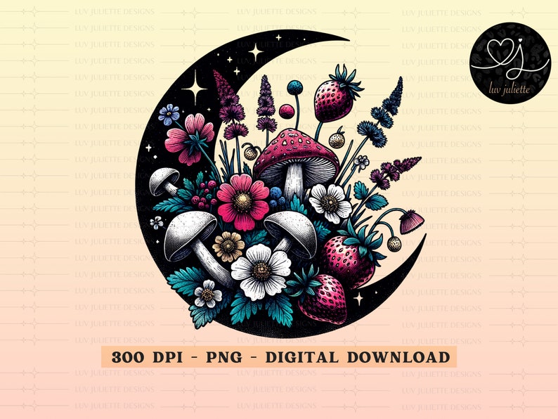 May include: A crescent moon with a black background is filled with a colorful arrangement of flowers, mushrooms, and strawberries. The design is in a vintage style with detailed line work.