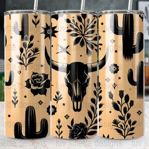 Boho Cow Skull Tumbler Wrap: Cactus Western Design (PNG)