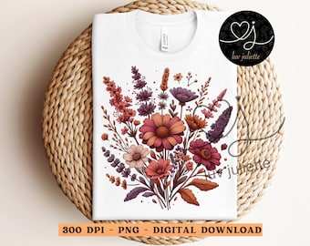 Cottagecore Wildflower PNG, Boho Flower sublimatie, cottage cor png, Wildflowers PNG, Retro Shirt Graphic, Boho tshirt Design, DTG-bestand