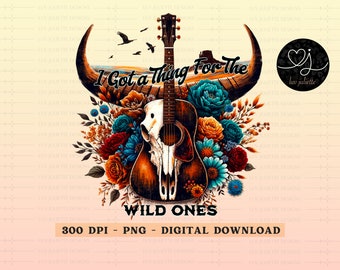 Wild Ones Western Sublimation PNG: Guitar Bull Skull Design (Digital Download)