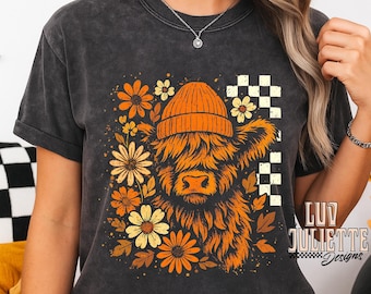 Retro Cow PNG: Boho Floral Fall Thanksgiving Design (Digital Download