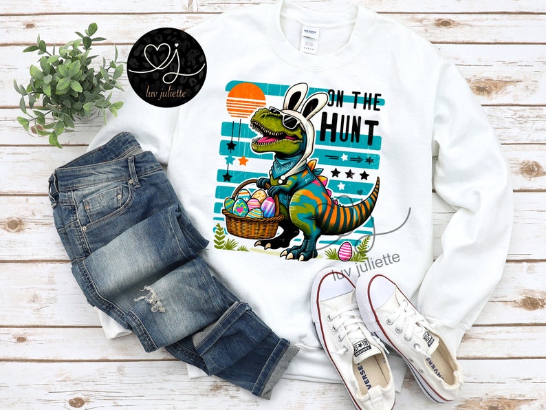 Dinosaur T Rex Easter PNG, Retro Easter png, Funny Easter png, Cute Sublimation, Dinosaur png, Bunny ears PNG, Boys and girls shirt design image 2