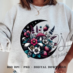 May include: A digital illustration of a crescent moon with a bouquet of flowers, mushrooms, and strawberries. The moon is black with white stars and the flowers are pink, white, and blue. The mushrooms are white and red with black spots. The strawberries are red with green leaves. The background is a light gray.