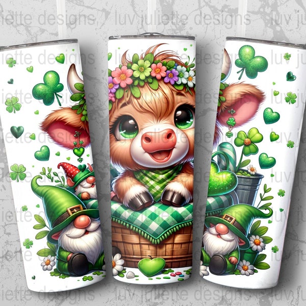 Pattys Day highland cow tumbler wrap, St Patricks Day tumbler, cute cow tumbler wrap, pattys day tumbler, Shamrock gnome png, 20 oz tumbler