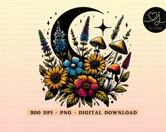Hongo Luna Celestial PNG: Diseño de sublimación cottagecore (descarga digital)