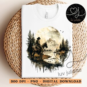 May include: A digital download of a watercolor illustration of a cowboy riding a horse in a forest setting. The image is in shades of brown, gold, and white, with a misty background. The cowboy is wearing a hat and a long coat, and the horse is brown with a white mane and tail.