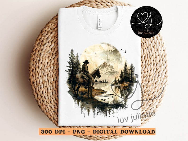 May include: A digital download of a watercolor illustration of a cowboy riding a horse in a forest setting. The image is in shades of brown, gold, and white, with a misty background. The cowboy is wearing a hat and a long coat, and the horse is brown with a white mane and tail.