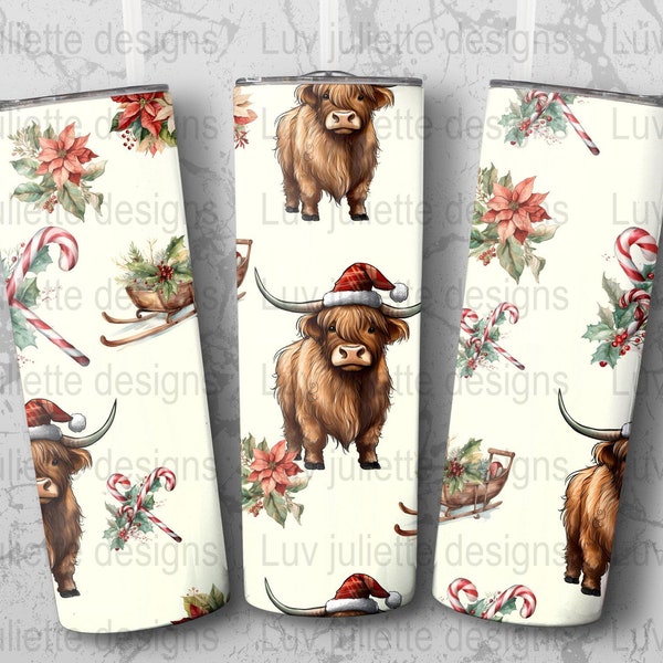 Highland Cow Christmas tapered/straight 20oz Tumbler wrap design,sublimation png, instant download, sublimation designs, boho minimalist png
