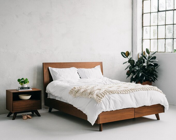 Queen Size Bed Mid Century Modern Joey Walnut Storage Bed Etsy Canada