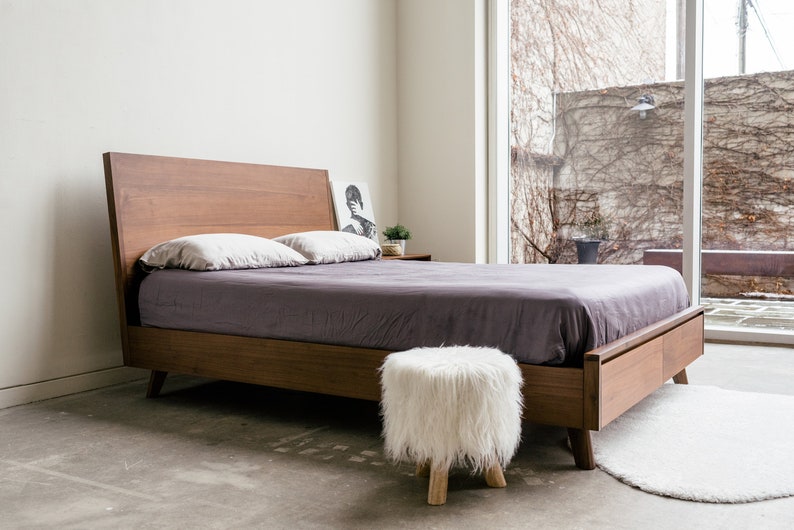 Queen Size Bed Mid Century Modern Joey Walnut Storage Etsy Canada