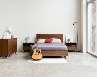 Mid Century Modern Joey walnut storage bed low profile- minimalist design Scandinavian style
