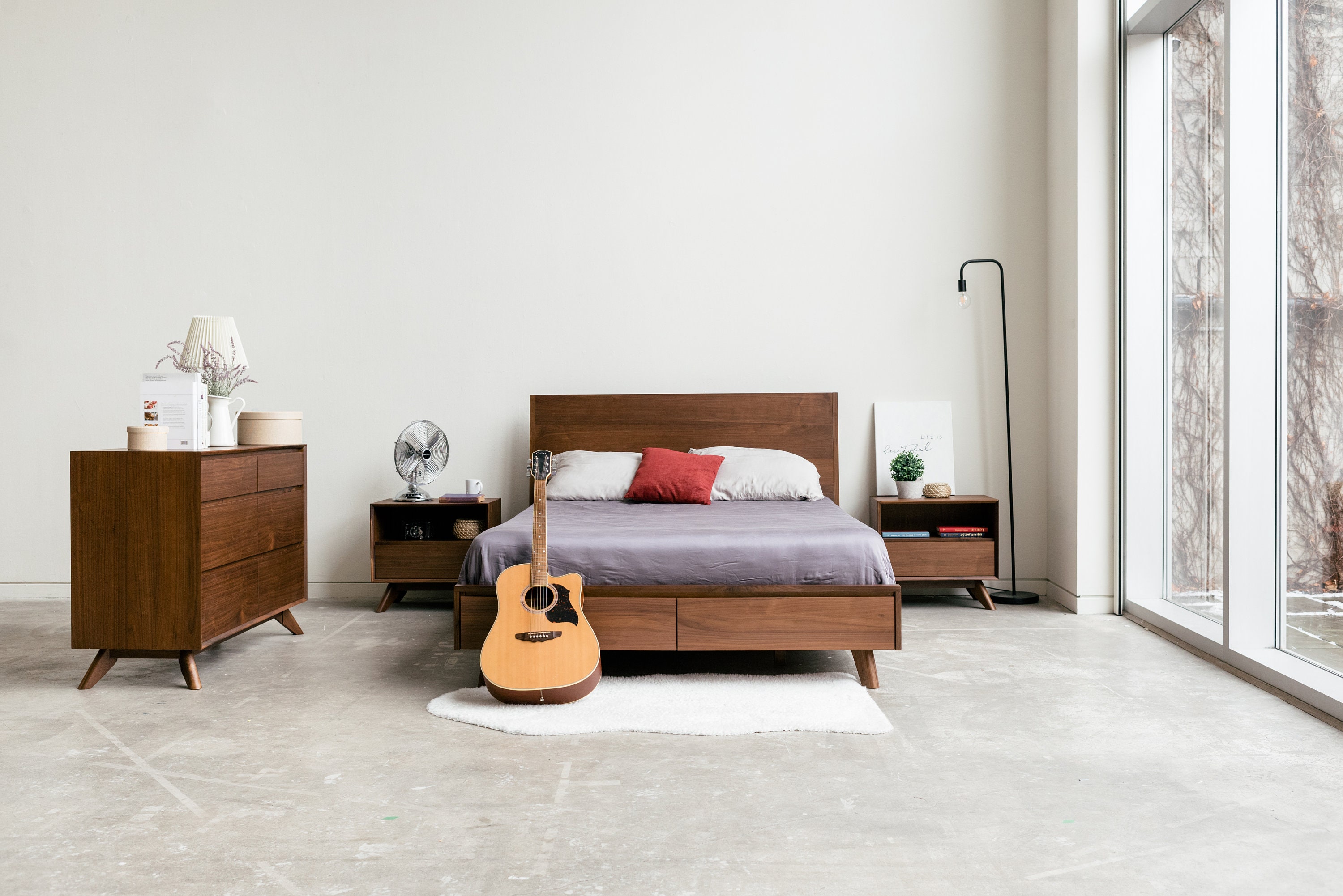 Queen Size Bed Mid Century Modern Joey Walnut Storage Etsy Canada