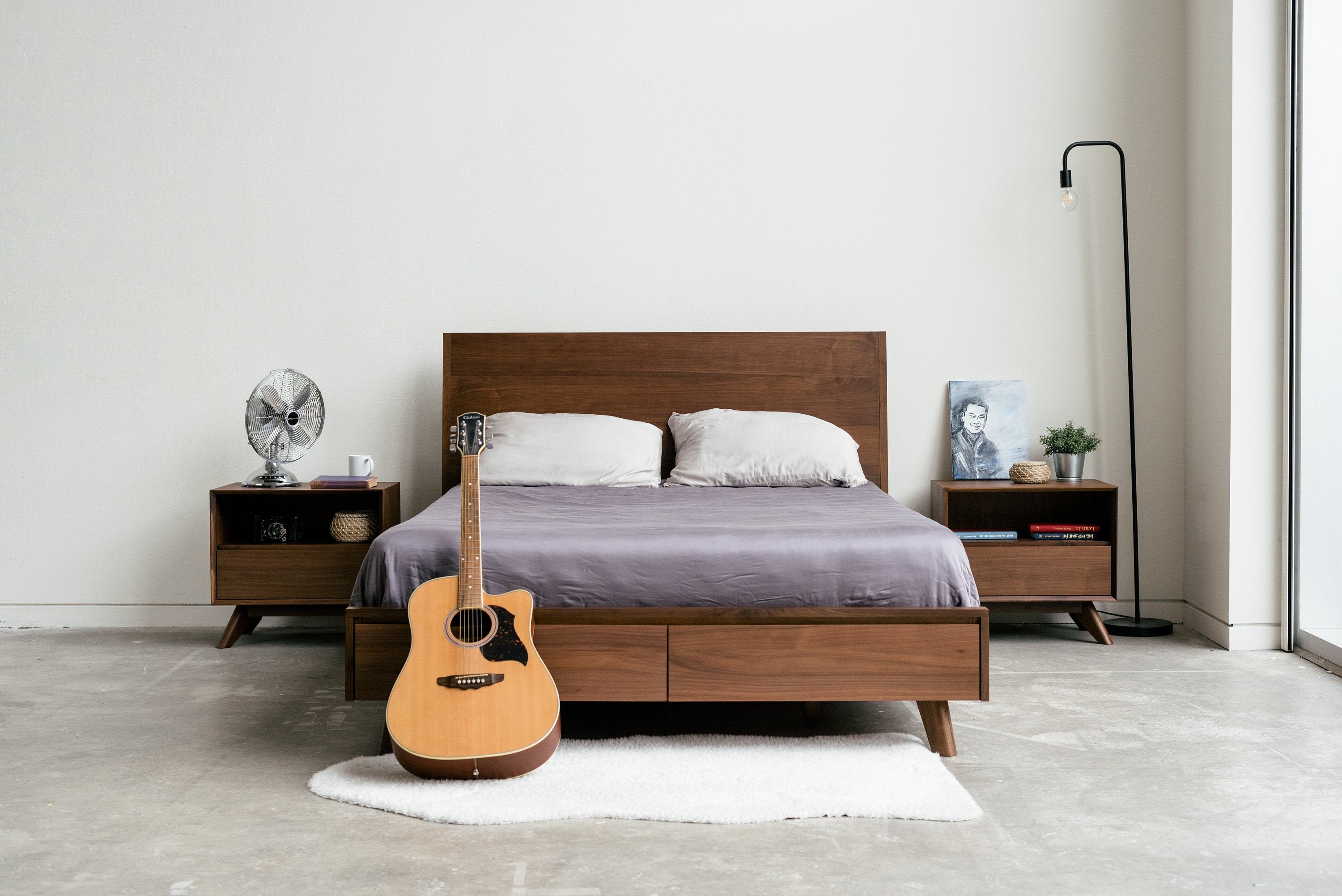 Mid Century Modern Joey Walnut Storage Bed Low Profile Minimalist