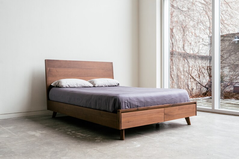 Queen Size Bed Mid Century Modern Joey Walnut Storage Etsy Canada