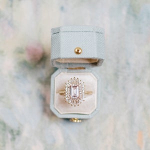 The Georgian Radiant Square Ring Box, Engagement, Flat Lay, Linen & Velvet Ring Box, Hinge, French Light Blue, Traverse Bay/dove