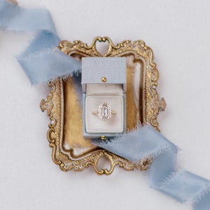 Square Ring Box, 1 or 2 Slot, Linen & Velvet Vintage Style Proposal Heirloom, The Georgian Collection, Hydrangea Blue, French Blue