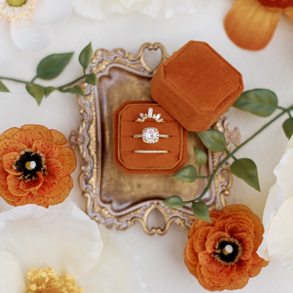 Burnt Orange Radiant Velvet Ring Box, Double or Triple Slot, Flat Lay Styling Prop, Octagon, Square Oriole