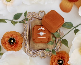 Burnt Orange Radiant Velvet Ring Box, Double or Triple Slot, Flat Lay Styling Prop, Octagon, Square Oriole