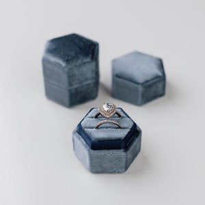 Sea Blue Hexagon Velvet Ring Box, Double Slot, Wedding Photography Flatlay Props- dusty, navy