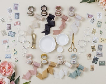 Flat Lay Styling Kit for Photographers , The Georgian Master Collection, Vintage Stamps Silk Ribbons Ring Box, Acrylic Flower Holders Risers