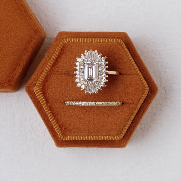 Burnt Orange Hexagon Velvet Ring Box, Double or Single Slot, Flat Lay Styling Prop, Oriole