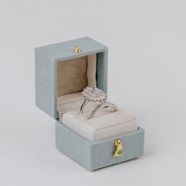 Square Ring Box, Linen & Velvet Vintage Style Proposal Heirloom, The Georgian Collection, blue, traverse bay