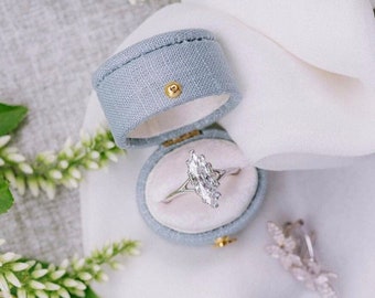 The Georgian Vintage Oval Ring Box, Engagement, Proposal, Linen & Velvet Petite Ring Box, Hinge, light blue, French blue, Traverse Bay