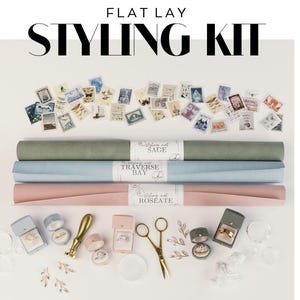 Flat Lay Styling Kit for Photographers, Vintage Stamp, Silk Ribbon, Linen Velvet Ring Box, Styling Mat, Flower Holders, Blue, Sage, Pink