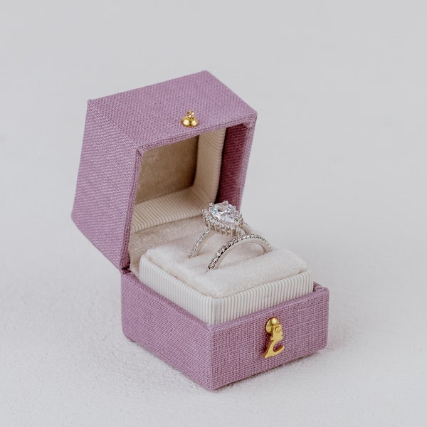 Georgian Square Ring Box, 1 or 2 Slot, Linen & Velvet Vintage Style Proposal Heirloom, Purple, Lavender