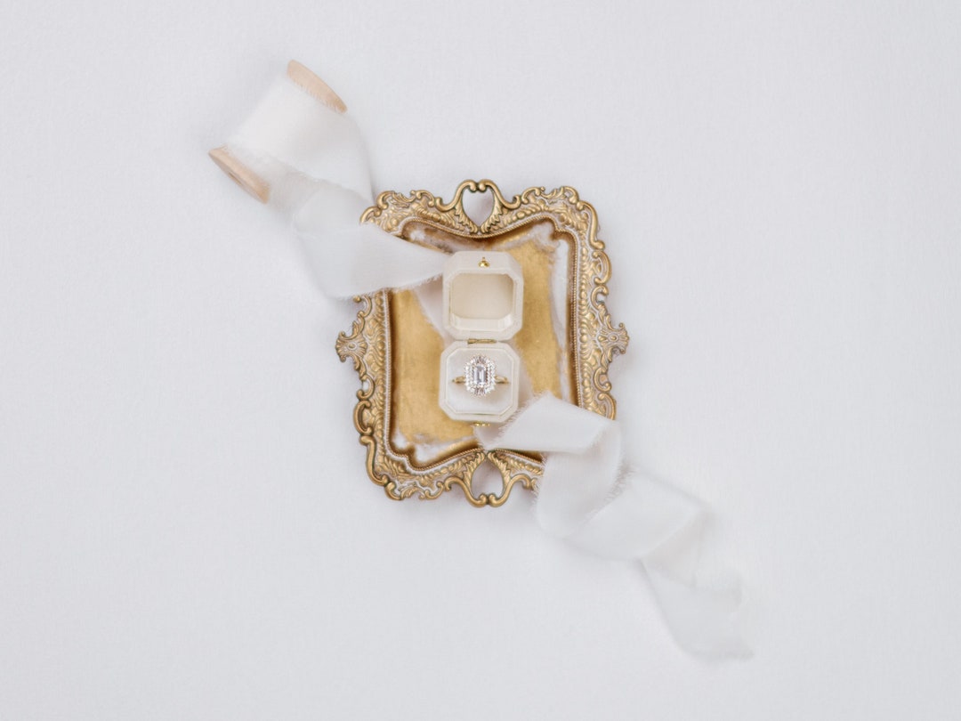 The Radiant Square Ring Box, Engagement, Flat Lay, Linen