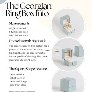 Puede incluir: Una caja de anillos cuadrada azul claro con exterior de lino e interior de terciopelo. La caja mide aproximadamente 4,4 cm de alto, 3,8 cm de profundidad y 3,8 cm de ancho. Cuenta con un cierre frontal dorado y una bisagra trasera de lino. El texto de la imagen dice "The Georgian Ring Box Info".