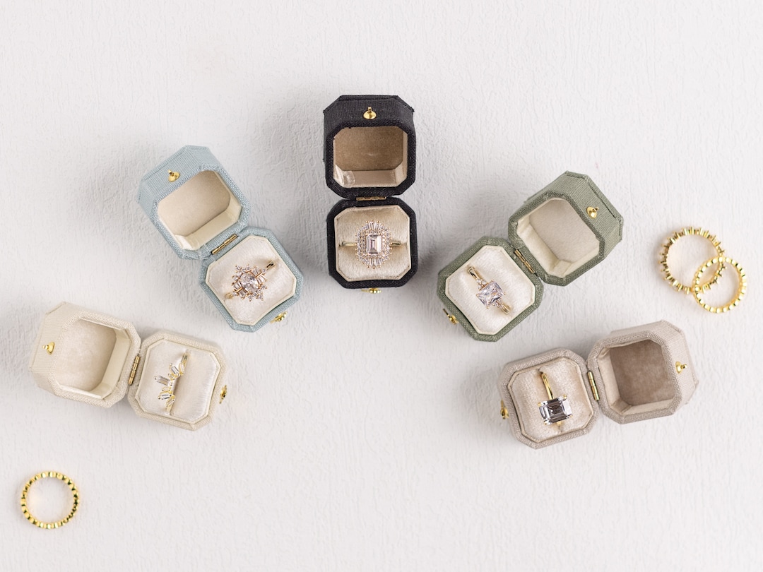 The Radiant Square Ring Box, Engagement, Flat Lay, Linen
