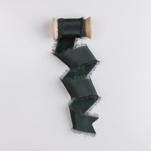 Frasier Fir Frayed Edge Silk Ribbon with Wooden Spool Flat Lay Styling Ribbon emerald green