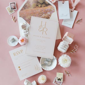 Flat Lay Styling Kit for Photographers, Vintage Stamp, Linen Velvet Ring Box, Mini Plate, Mini Statue, Lined Envelope, flowers, pink 001