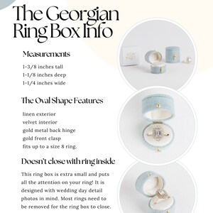 May include: An oval light blue linen ring box with a velvet interior, gold metal hinge, and gold front clasp. It measures 1-3/8 inches tall, 1-1/8 inches deep, and 1-1/4 inches wide. The box is designed to hold a ring up to a size 8.