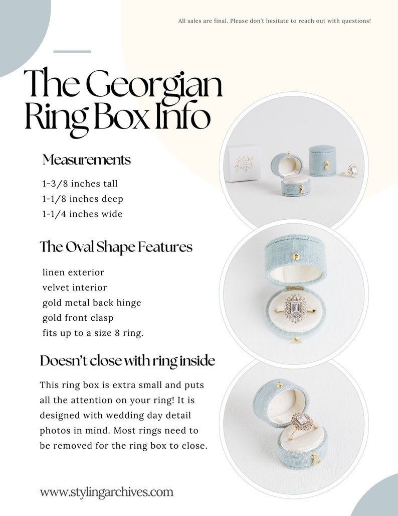 May include: An oval light blue linen ring box with a velvet interior, gold metal hinge, and gold front clasp. It measures 1-3/8 inches tall, 1-1/8 inches deep, and 1-1/4 inches wide. The box is designed to hold a ring up to a size 8.