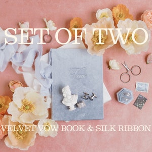 2 Velvet Vow Book Set with Silk Ribbon, Wedding Photography Flat Lay Styling, Wedding Heirloom, Pick your color