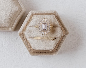 Fawn Hexagon Velvet Ring Box, Double slot, Wedding Engagement Gift, Tan, Beige