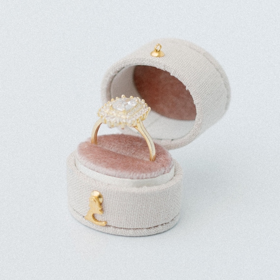 The Georgian Vintage Oval Ring Box, Engagement, Linen & Velvet Ring Box, Hinge, White, Pink, Lavender, Gold