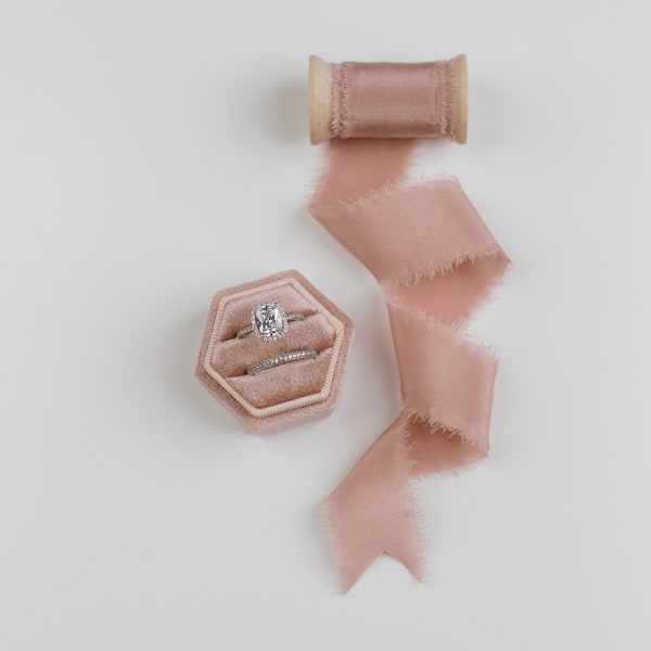 Roseate Pink Hexagon Velvet Ring Box Double Slot & Silk Ribbon on Wooden Spool Set Wedding Photography Flatlay Styling Kit Blush