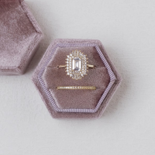 Lavender Purple Hexagon Velvet Ring Box Double Slot Wedding Photography Flatlay Styling Engagement Gift, light purple