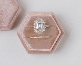 Velvet Roseate Pink Hexagon Wedding Ring Box Double Slot