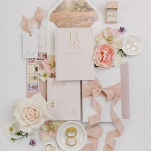 Practice Invite Suite for Flat Lays - Fine Art Wedding Invitation Suite Sample for Photographers - Pink, Silk Ribbon & Lined Envelopes
