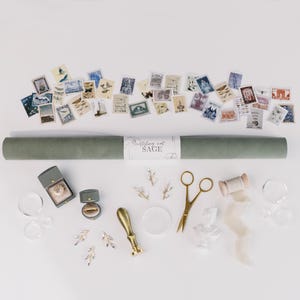 Flat Lay Styling Kit for Photographers , The Sage Collection, Vintage Stamp, Silk Ribbon, Linen Velvet Ring Box, Styling Mat, Flower Holders