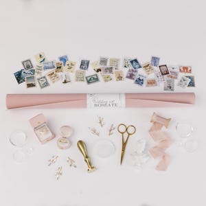Flat Lay Styling Kit for Photographers , The Pink Collection, Vintage Stamp, Silk Ribbon, Linen Velvet Ring Box, Styling Mat, Flower Holders