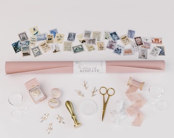 Flat Lay Styling Kit for Photographers , The Pink Collection, Vintage Stamp, Silk Ribbon, Linen Velvet Ring Box, Styling Mat, Flower Holders