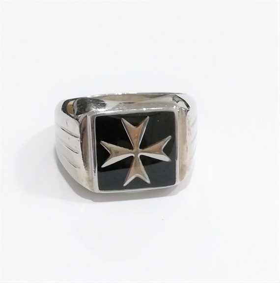 Sterling Silver Square Solid Signet Ring Maltese Cross Malta Black