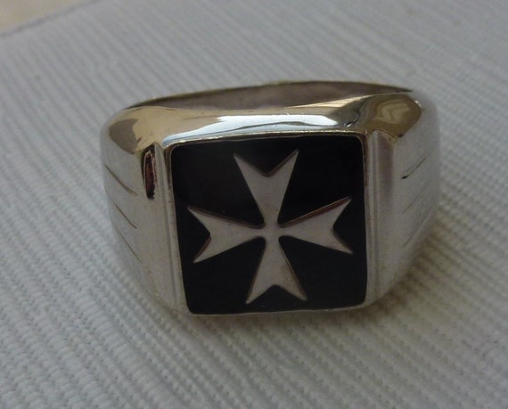 Sterling Silver Square Solid Signet Ring Maltese Cross Malta Black